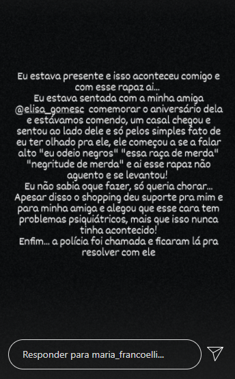 Relato de uma das pessoas agredidas no Natal Shopping