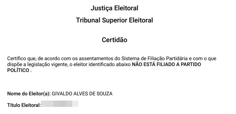 Certidão de filiação partidária