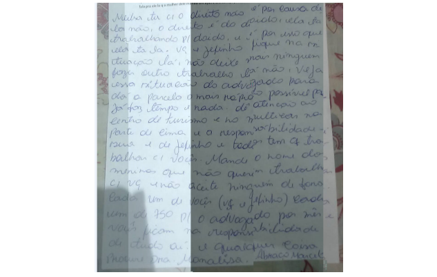 Uma das cartas repassadas entre integrantes do Sindicato do Crime do RN por meio de advogada