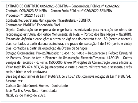 Extrato do contrato para reforma do Pórtico dos Reis Magos.