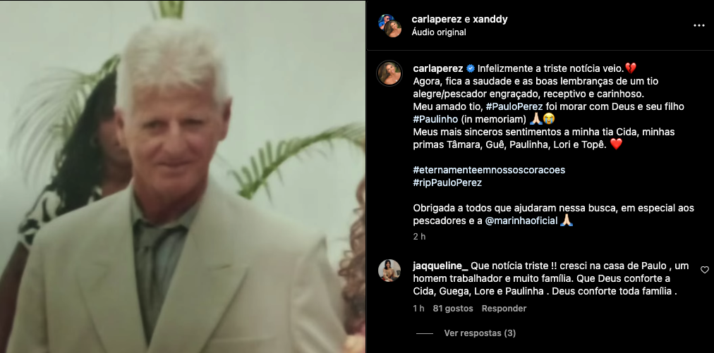 Carla Perez lamentou morte do tio que estava desaparecido. Foto: Reprodução/Instagram