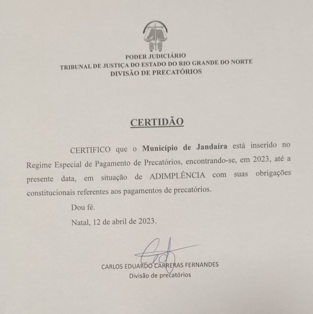 Certidão TJRN precatórios Jandaíra