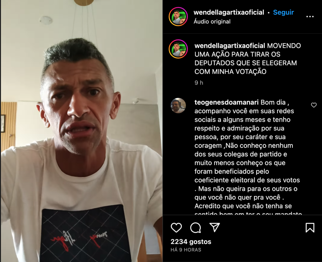 Wendel Lagartixa vai pedir na Justiça anulação de sua votação. Foto: Reprodução/Instagram