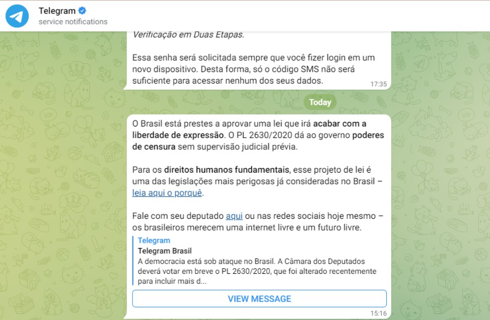 Mensagem enviada pelo Telegram sobre o pl das fake news. Foto: Reprodução