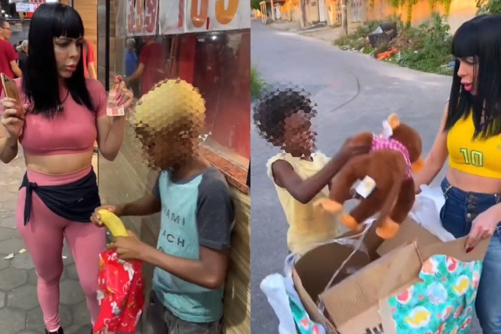 Influencers entregam banana e macaco de pelúcia para crianças negra