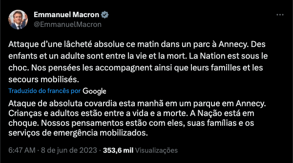 Ataque com faca na França foi repudiado pelo presidente Emmanuel Macron. Foto: Reprodução/Twitter