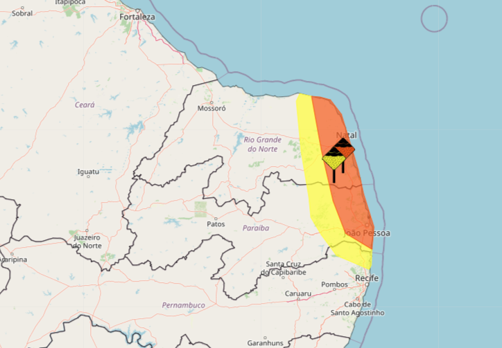 Chuvas no RN que caem desde a madrugada geraram alerta do Inmet. Foto: Reprodução/Inmet