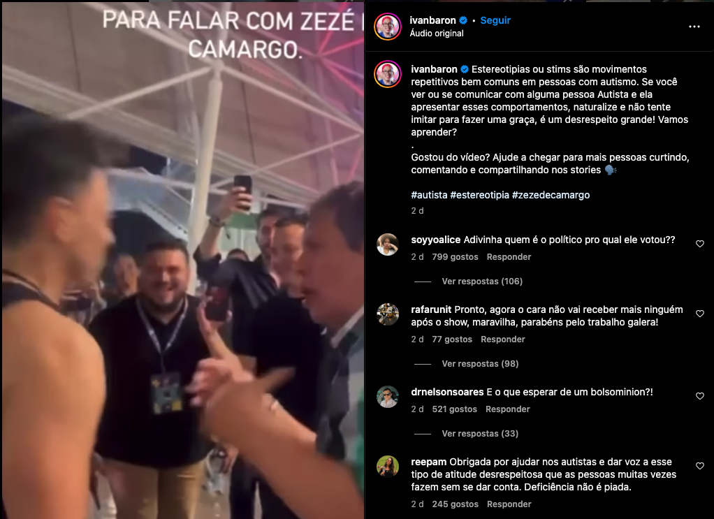 Zezé Di Camargo foi acusado de capacitismo em encontro com fã autista no RN. Reprodução/Instagram 