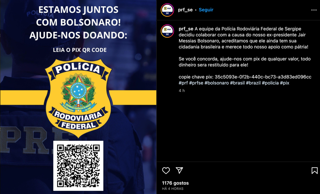 Postagem no perfil da PRF de Sergipe pedindo doações para Bolsonaro seria golpe. Foto: Reprodução/ Instagram