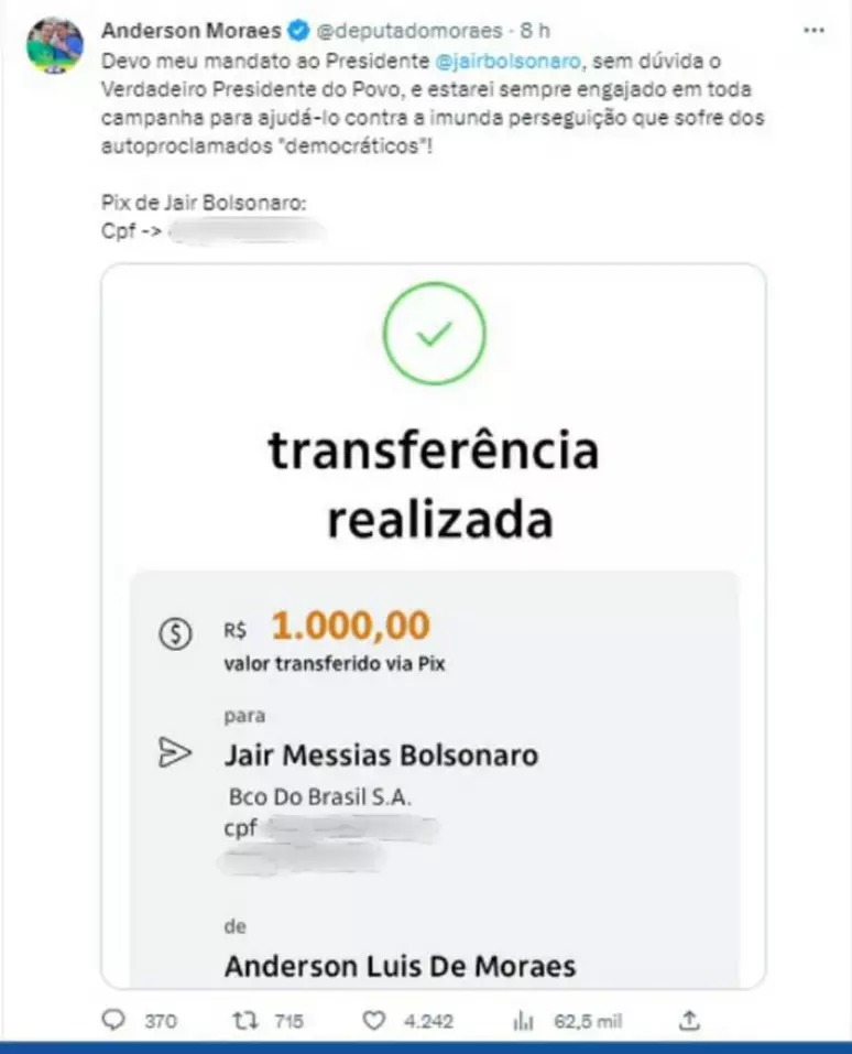 Aliados fazem Pix de R$ 10 a R$ 1 mil na 'vaquinha' para Bolsonaro