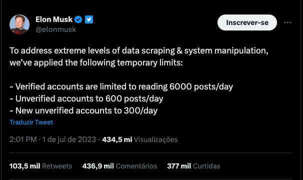 Limite de leitura no Twitter foi anunciado por Elon Musk. Foto: Reprodução/Twitter 