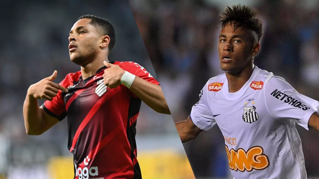 Vítor Roque e Neymar foram comprados do futebol brasileiro pelo Barcelona - Fotos: Divulgação/Athletico e Santos