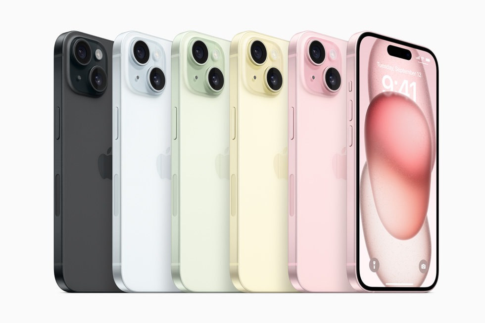Novos iPhone 15 chega nas cores preto, rosa, azul, verde e amarelo, excluindo a tradicional versão branca. Foto: Apple