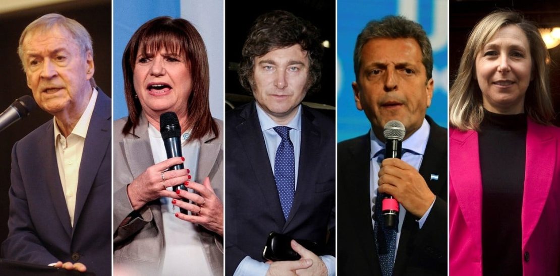 Eleições para presidente na Argentina tem como candidatos Juan Schiaretti, Patricia Bullrich, Javier Milei, Sergio Massa e Myriam Bregman. Foto: Reprodução