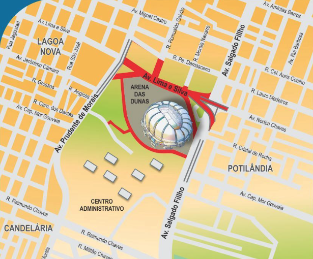 Entorno da Arena das Dunas terá série de interdições no domingo (3). Imagem: STTU