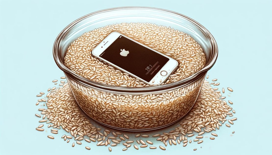 A própria Apple orienta a evitar colocar o iphone em arroz caso ele esteja molhado. Imagem: gerada por IA