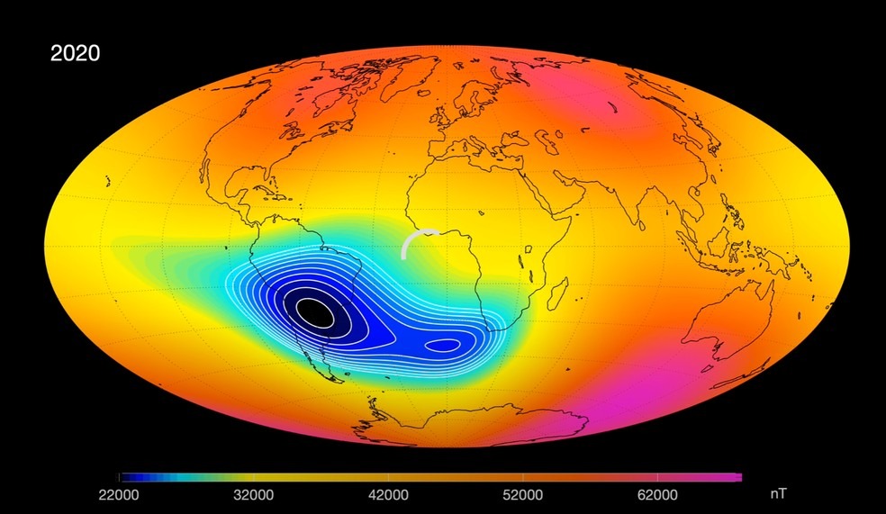 Anomalia Magnética do Atlântico Sul (Amas) compreende o Sul e o Sudeste do Brasil. Foto: ESA/Reprodução