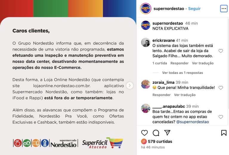 Nordestão comunicou em sua rede social a suspensão das vendas online. Foto: Reprodução