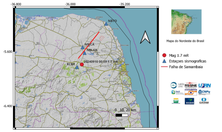 Magnitude preliminar indicada pela bola vermelha no mapa. Foto: LabSis/UFRN.