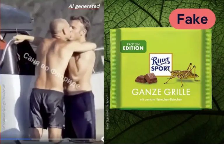 Político indiano ressuscitado, beijo gay de Macron, chocolate com grilos inteiros: alguns deepfakes e fake news que poluíram as redes sociais em 2024. Foto: Reprodução